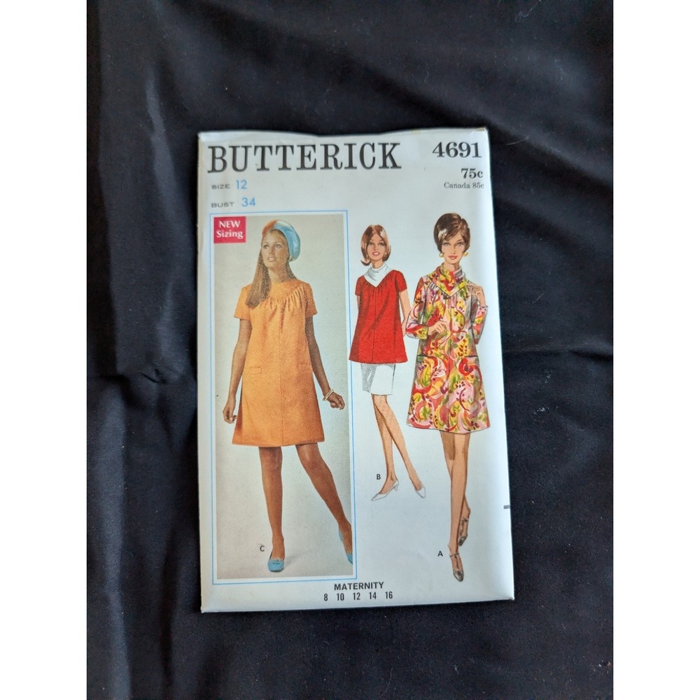 VTG 1968 Butterick 4691 Uncut Maternity Dress Top Size 12 Bust 34 Pattern